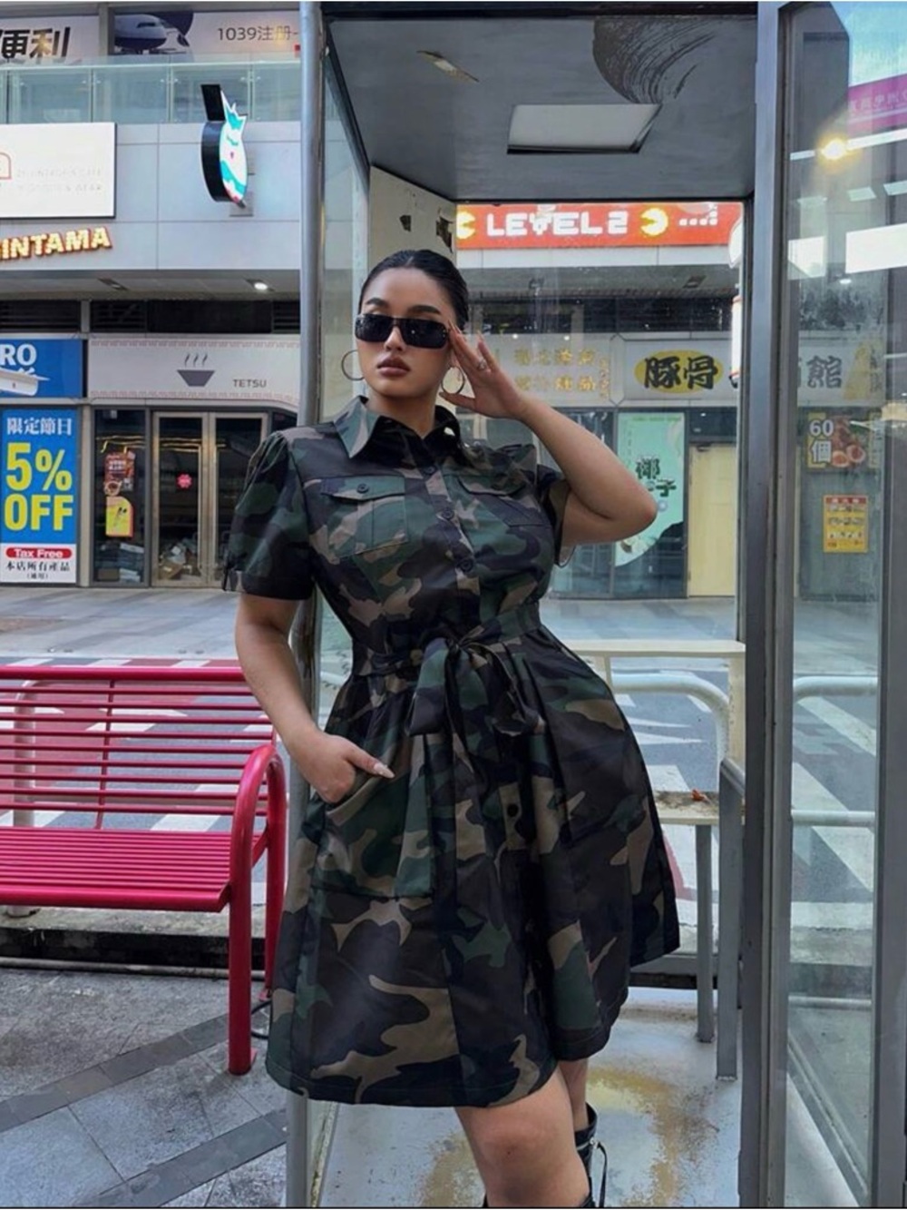 SHEIN Camouflage Utility Shirt Dress with Tie Waist - Green Camo